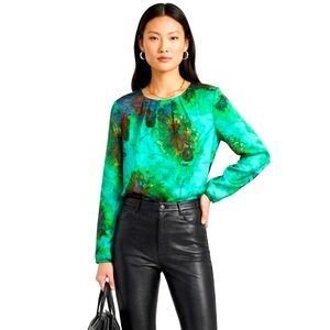 JCrew Vibrant Floral Print Pleated Long Sleeve Satin Blouse Size Small